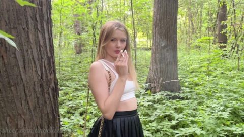 Beautiful smoking babe in the forest was fucked in ass and pissed in her mouth